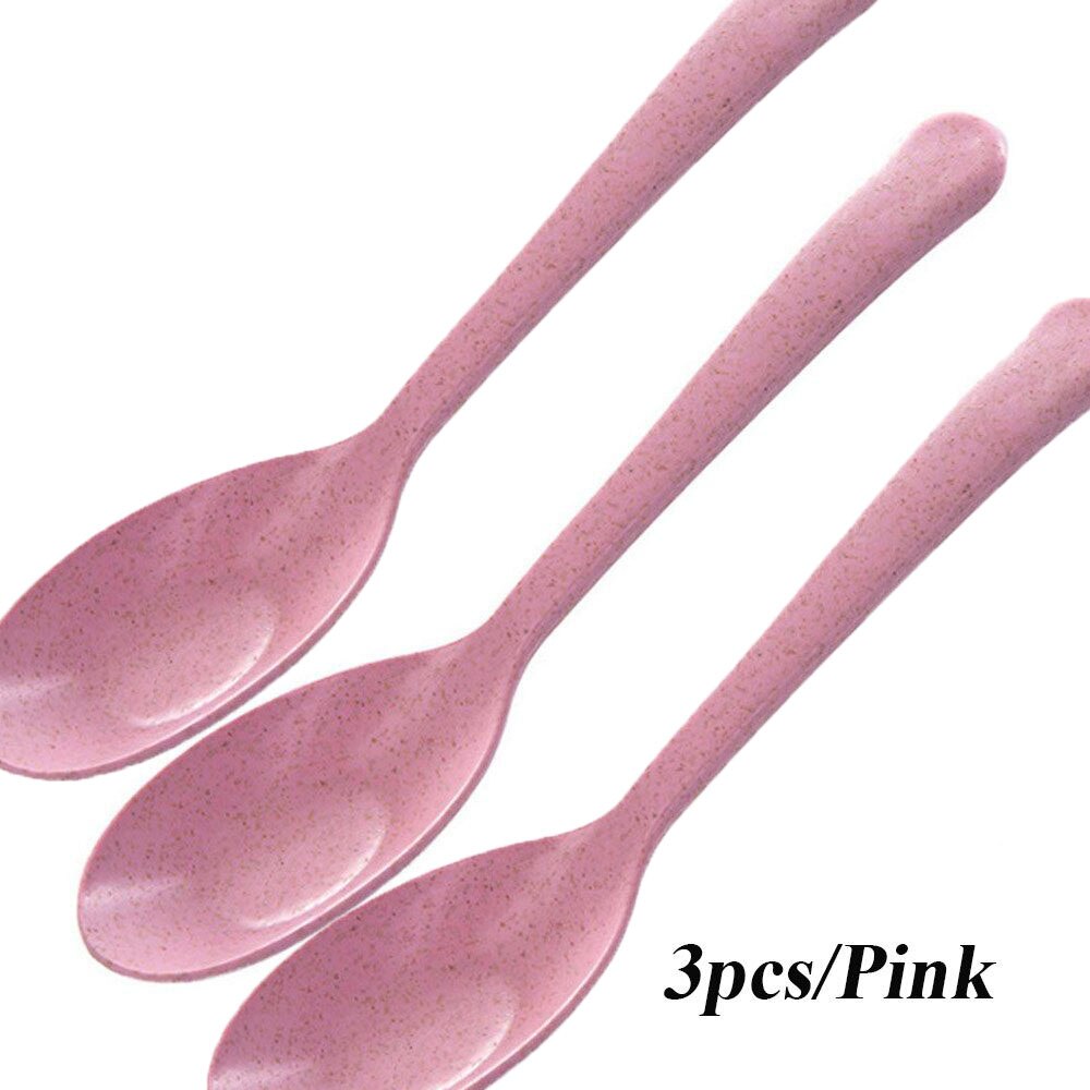 1/3PCS Eco Friendly Wheat Straw Kids Soup Spoon Portable Long Handle Rice Spoon Tableware Home Flatware Kitchen Tool: 3pcs-Pink