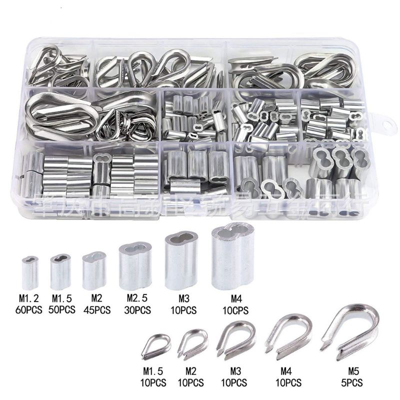250Pcs 304 Stainless Steel Wire Rope Cable Thimbles Combo and Aluminum Loop 649E