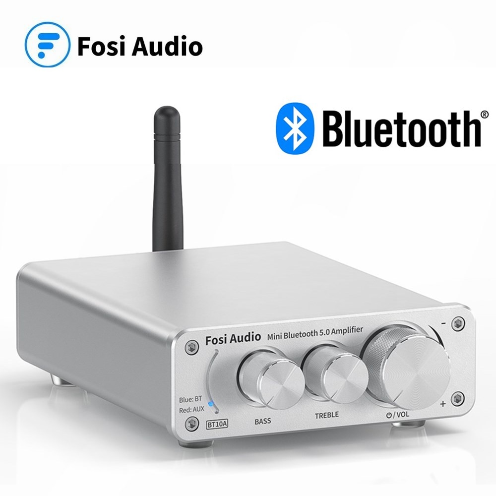 Fosi audio  bt10a bluetooth 5.0 stereo forstærker modtager klasse d mini hifi integreret forstærker til hjemme højttalere 50w*2 diskant og bas