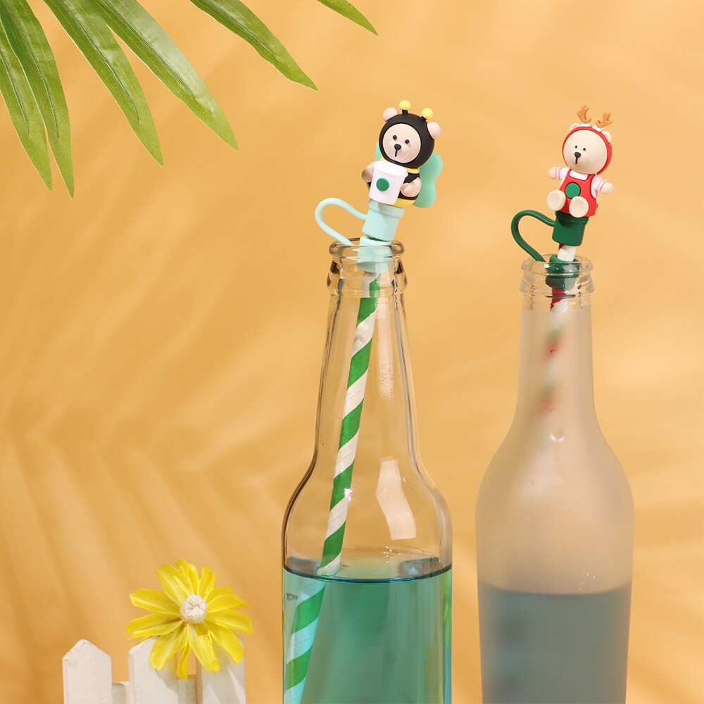 Silicone Straw Stopper Reusable Airtight Splash Proof Dust Straw Plug Glass Cup Accessories Cartoon Tips Cover Kitchen