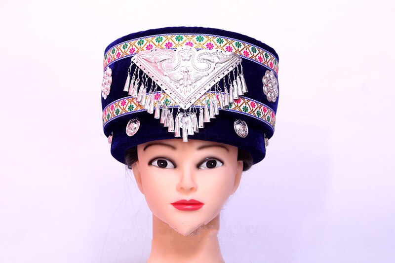 Kinesisk minoritetshat miao kasket kinesisk nationalhat vintage kasket til kvinder kinesisk nationaldanserhat dansehætte: Blå