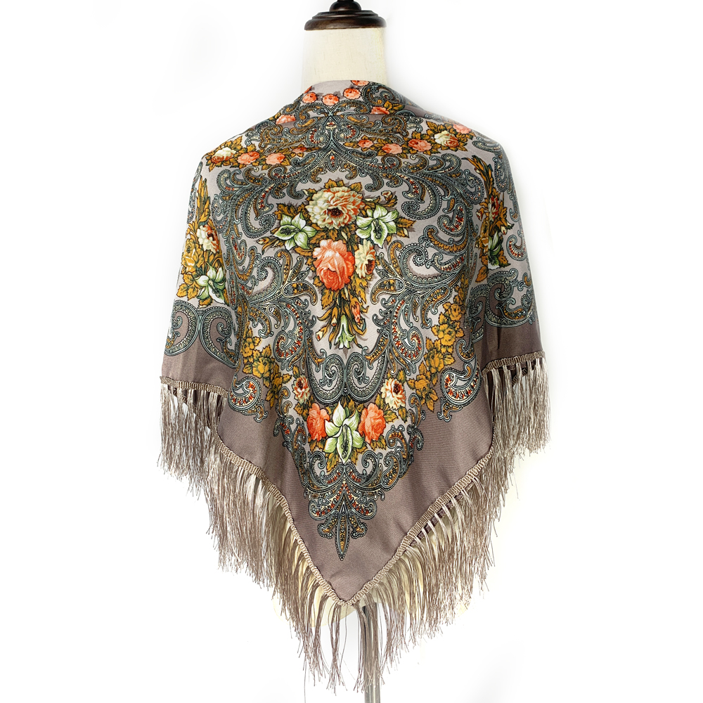 Bufanda rusa de 115x115cm para mujer, Bandana cuadrada con estampado Floral de lujo, chal con flecos ucranianos, pañuelo Babushka, envolturas para la cabeza: Beige