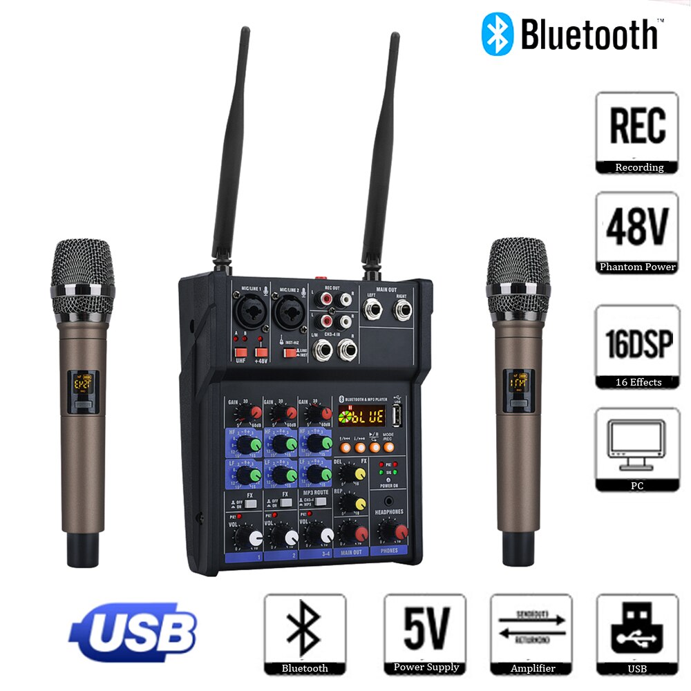 4 Channel Audio Mixer Console With Wireless Microphone Sound Mixing With Bluetooth Usb Mini Dj Mixer for Computer Recording