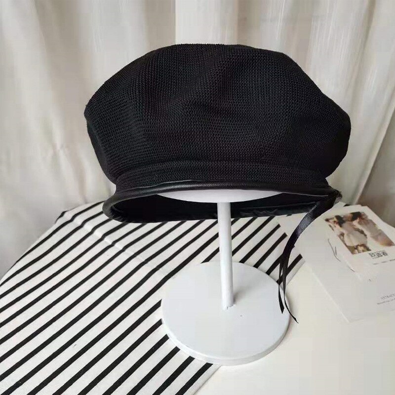 Gorro de pintor de lino transpirable para mujer, boina roja, gorro en forma de calabaza, Color sólido, fino, verano, novedad de: Negro