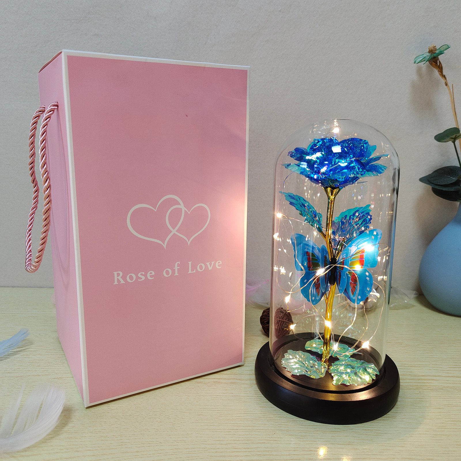 Roze Licht Kunstmatige Galaxy Rose Lamp Met Vlinder En Kleurrijke Led Rozenbloemen In Glazen Batterij Aangedreven Voor Vrouwen: Blauw