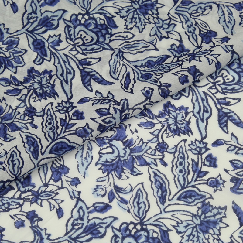Kina kina print silke bomuld blandet stof blå blomstermønster, sct 475