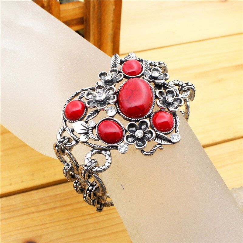 Holle Bloem Hartvorm Blauw Rode Steen Armband Voor Vrouwen Antieke Verzilverd Lock Mode-sieraden TB170