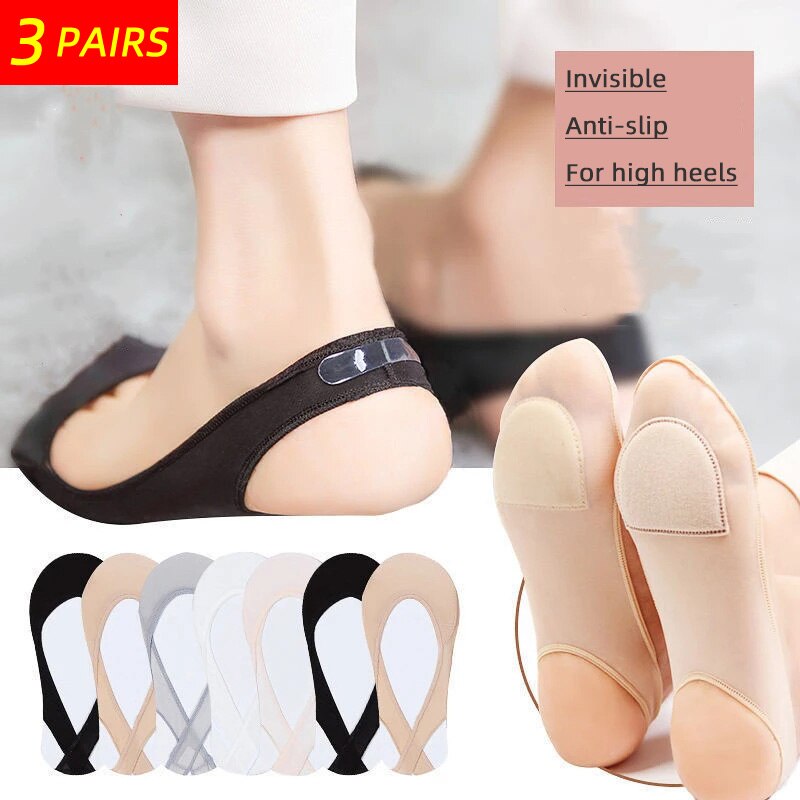3 Pairs Invisible Boat Socks Women Summer Silicone Non-Slip Socks for High Heels Shoes Ice Silk Thin Half-Palm Suspender Sock
