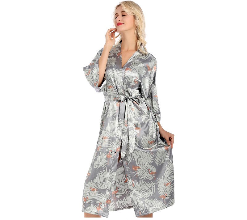 Floral Robes Floral Satin Silk Bridal bride bridal bridesmaid Kimono Robes party robe Women Brthrobe Dressing Gown: gray / S