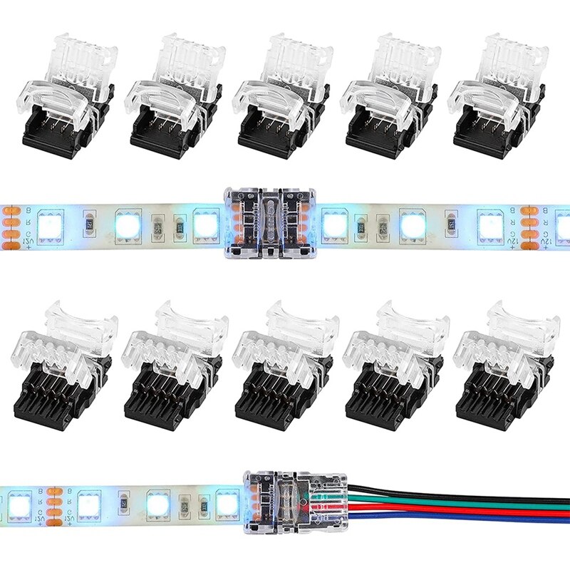 10 Packs 4 Pin LED Strip Connectors,Strip To Strip,Strip To Wire Connector For Waterproof 10Mm RGB 5050 LED Strip Lights