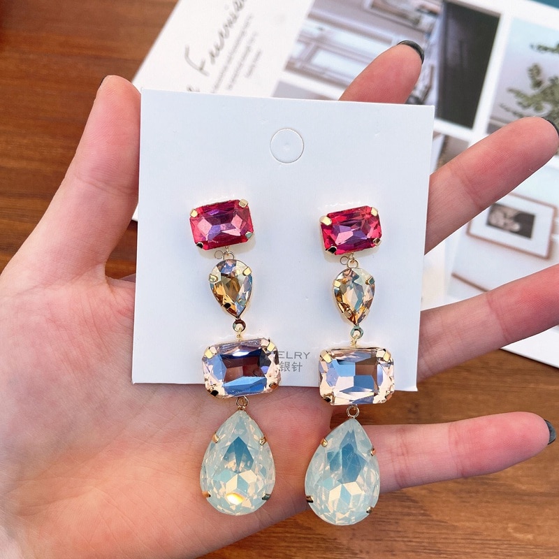 MENGJIQIAO Neue Luxus Platz Wasser Tropfen Bunte Kristall Erklärung Baumeln Ohrringe Für Frauen Partei Brincos Schmuck