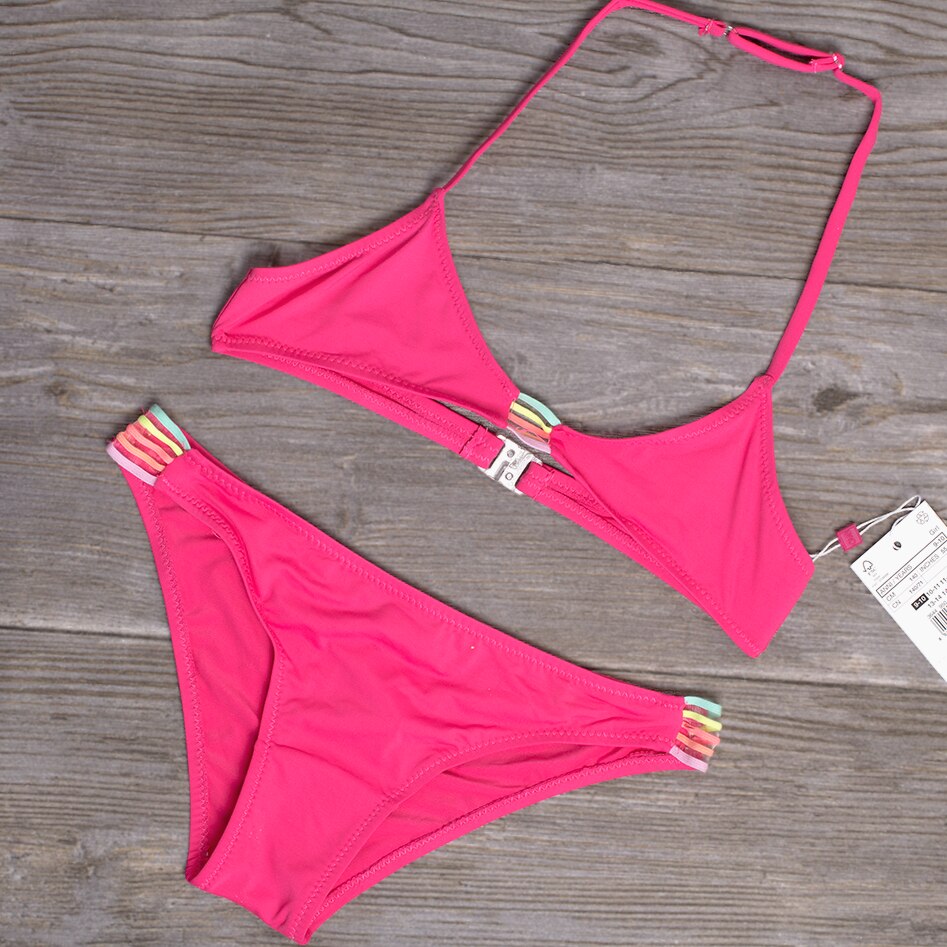 Girls Swimsuit Two Piece 4-16 Years Children's Swimwear Striped Kids Swimwear Tankini Suit Girls Beachwear CZ985: Rose / 10-11y