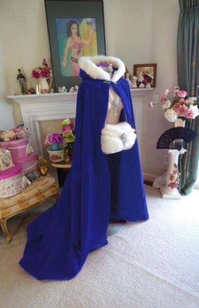 Capa con capucha de invierno, piel sintética, satén, mantos de novia, chaqueta de boda, abrigo largo: Royal blue