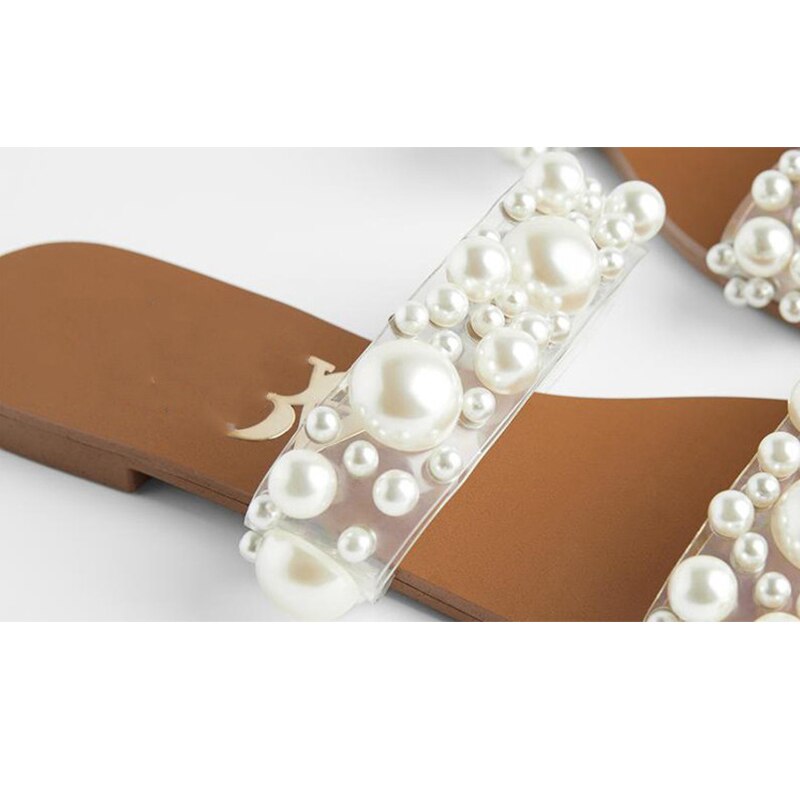 Summer Pearl String Bead Slippers Womens Flat Sandals Beach Shoes Casual Slippers Female Womens pearl Shoes