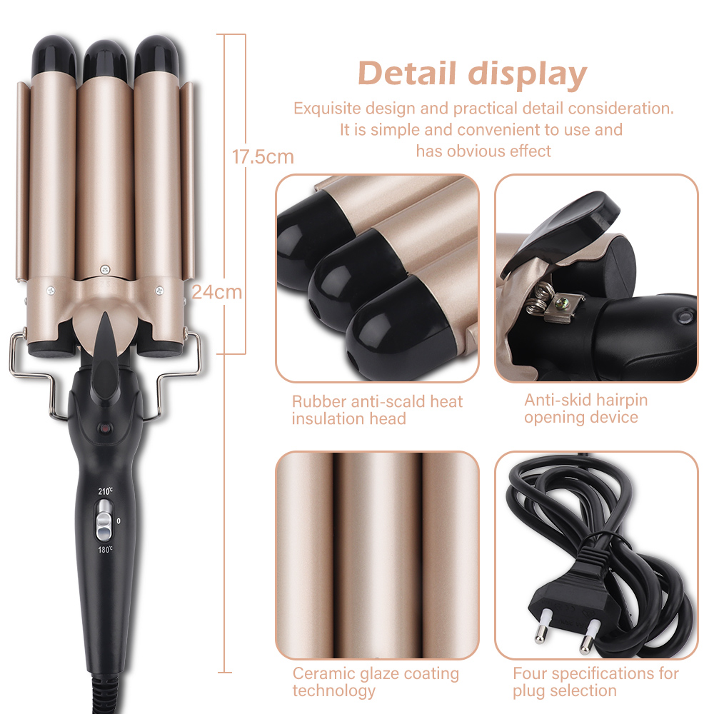Prancha modeladora de cachos profissional, aparelho de ferro e cerâmica para encaracolar e ondular o cabelo, modelador de cabelos com três cilindros