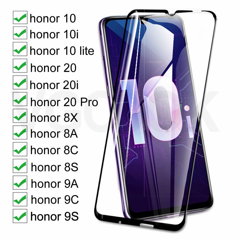 100D vidrio Protector completo para Huawei honor 10 Lite 20 Pro 10i 20i Protector de pantalla templado en Honor 8X 8A 8C 8S 9A 9C 9S vidrio