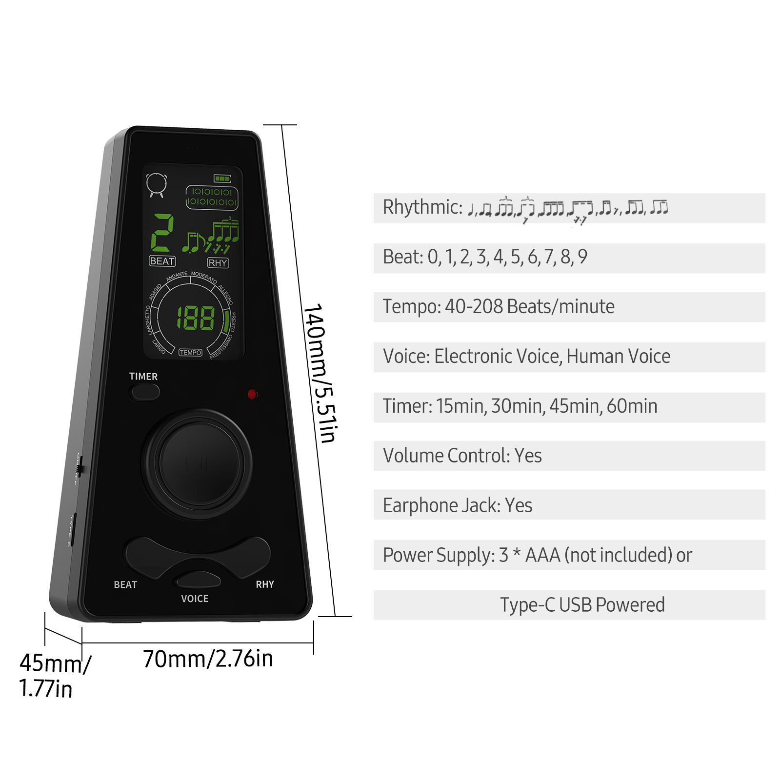 Elektronische digitale metronoomtimer Universele elektronische metronoom met volume- en beatsnelheidsregeling Batterij USB-metronomen