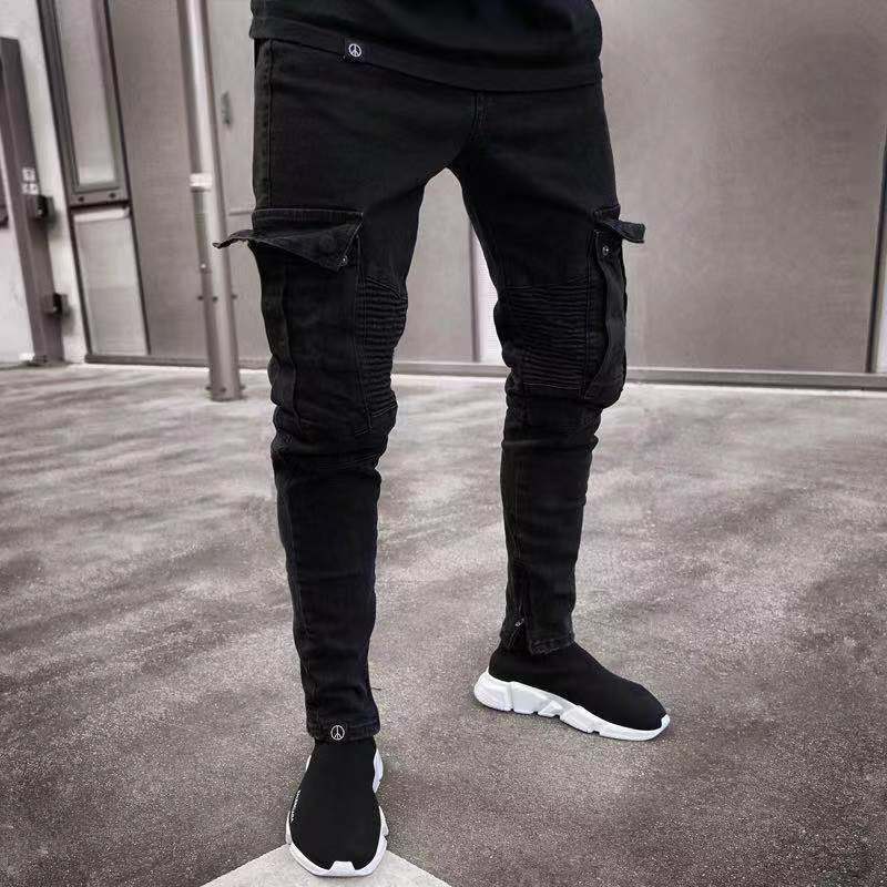 Pantalones vaqueros largos rasgados para hombre, Jeans ajustados elásticos rotos, color negro