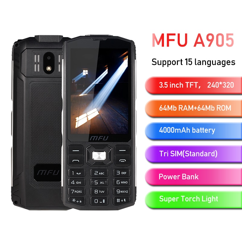 Mfu A905 3.5 "IP68 Mobiele Telefoon Tri Sim Card 4000 Mah Lange Standby Draadloze Fm Torch Power Bank Grote volume Mobiele Telefoons