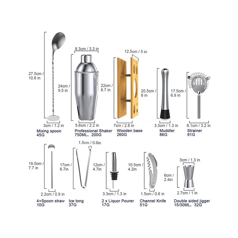 11/14 stk cocktail shaker kop rustfrit stål bartender vin kop cocktail mixer martini cocktail 550ml/750ml