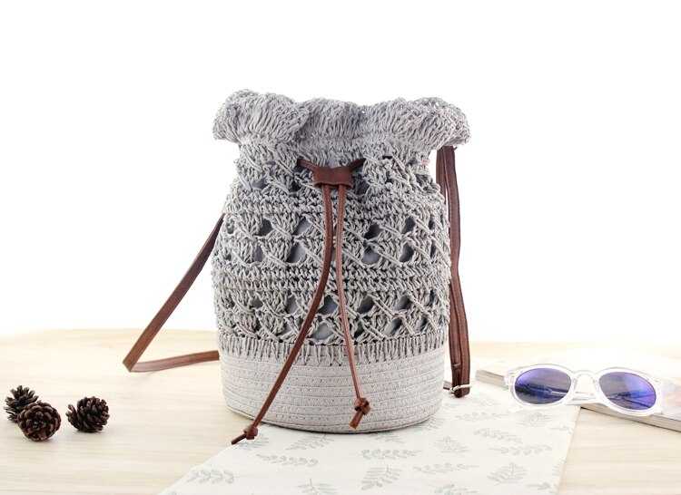 Femmes Vintage décontracté tissé à la main ronde rotin osier paille tissé fourre-tout Papyrus sac à main tricoté seau sac à bandoulière: Gris