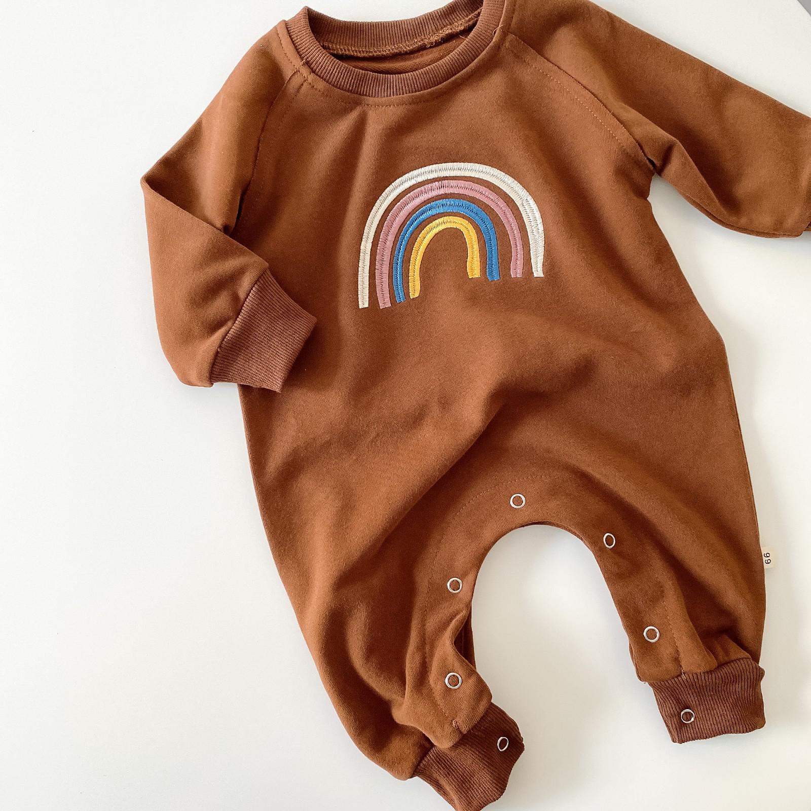 5166 Newborn Baby Girl Boy Embroidery Rainbow Clothes Long Sleeve Top Bodysuit 0-24M Baby Jumpsuit Kids Outfits: coffee / 80cm