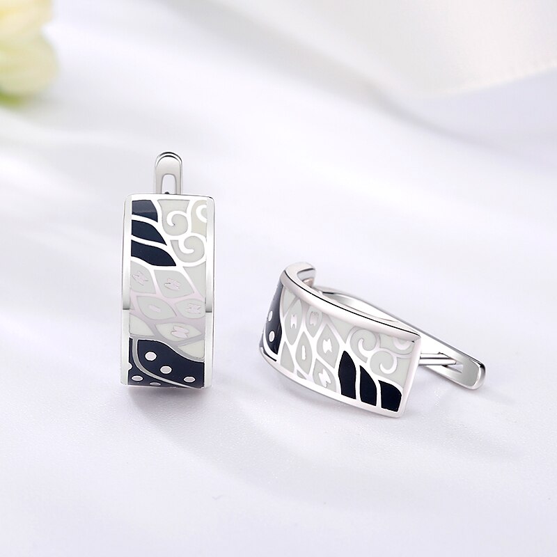 noir blanc peinture boucles d'oreilles pour femmes forme géométrique authentique 925 en argent Sterling breloques clip on boucles d'oreilles partie émail