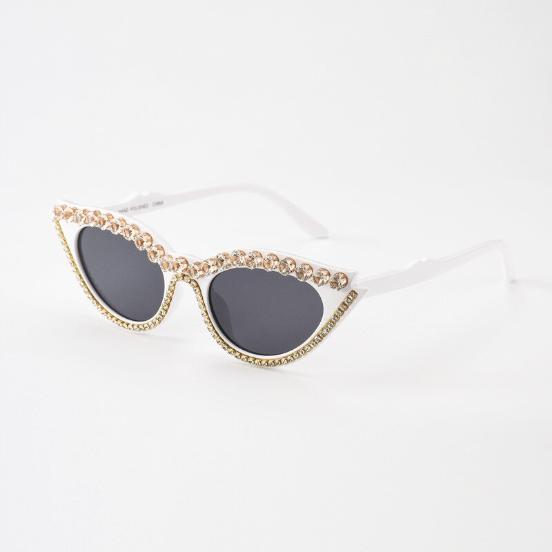 Retro cat eye dame diamant stel solbriller berømthed solbriller personlighed solbriller skygge briller sommer: C02 ægte hvide