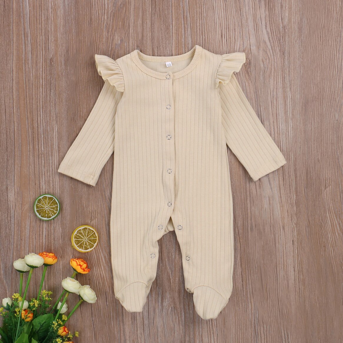 0-6M Pasgeboren Baby Jongens Meisjes Footies Solid Ruches Lange Mouwen Knit Enkele Breasted Herfst Jumpsuits 4 Kleuren