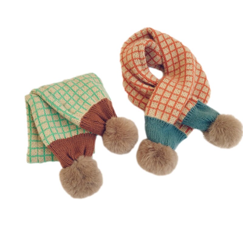 Écharpe tricotée à pompon en fausse fourrure pour enfants, écharpe d&#39;hiver à carreaux pour garçons et filles, cache-cou, accessoires pour bébés