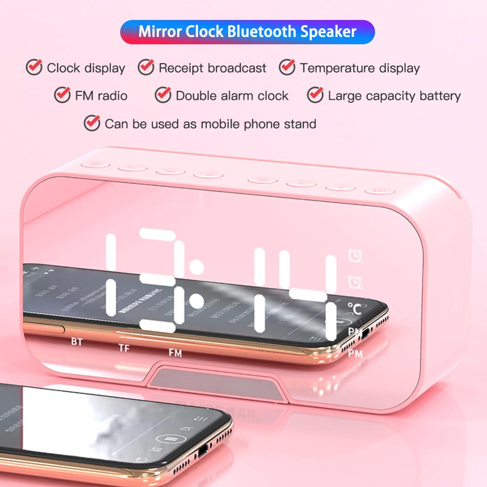 Led väckarklocka med fm radio trådlös bluetooth högtalare spegel display stöd subwoofer musik snooze bordsklocka: Rosa