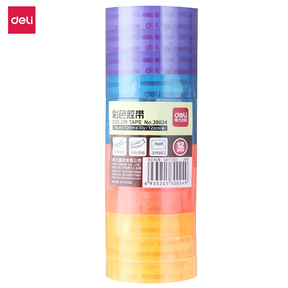 12 Stks/pak Deli Transparante Kleur Tape 12Mm Super Lijm Strip Smalle Afdichting Kleur Student Briefpapier Kleine Roll Kantoor Tape