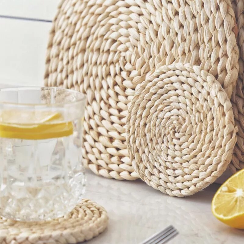 Tapis de Table rond en rotin tissé en paille de maïs naturel, napperons thermo-isolant, porte-Pot, sous-verres, accessoires de cuisine