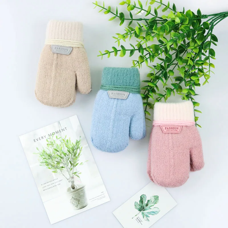 Children's Gloves Winter Solid Thicken Plus Velvet Halter Gloves For Kids Toddler Outdoor Keep Warm Knitted Mittens With Rope