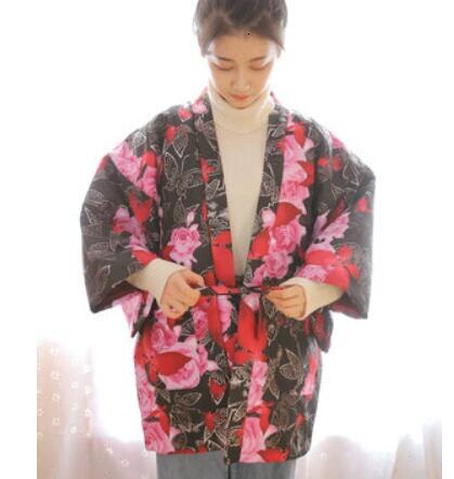 Kimono abrigado japonés de Invierno para mujer, abrigo Haori acolchado de algodón grueso, ropa de abrigo holgada con estampado Floral W035: 5
