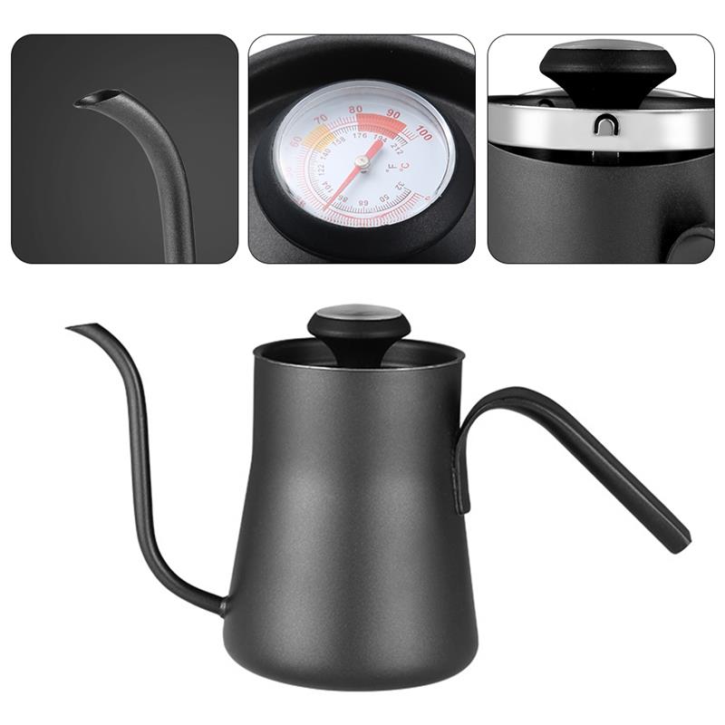 Goose Neck Coffee Pot Kettle With Thermometer Stainless Steel Hand Punch Pot Coffee Potsts With Lid Drip Gooseneck Spout