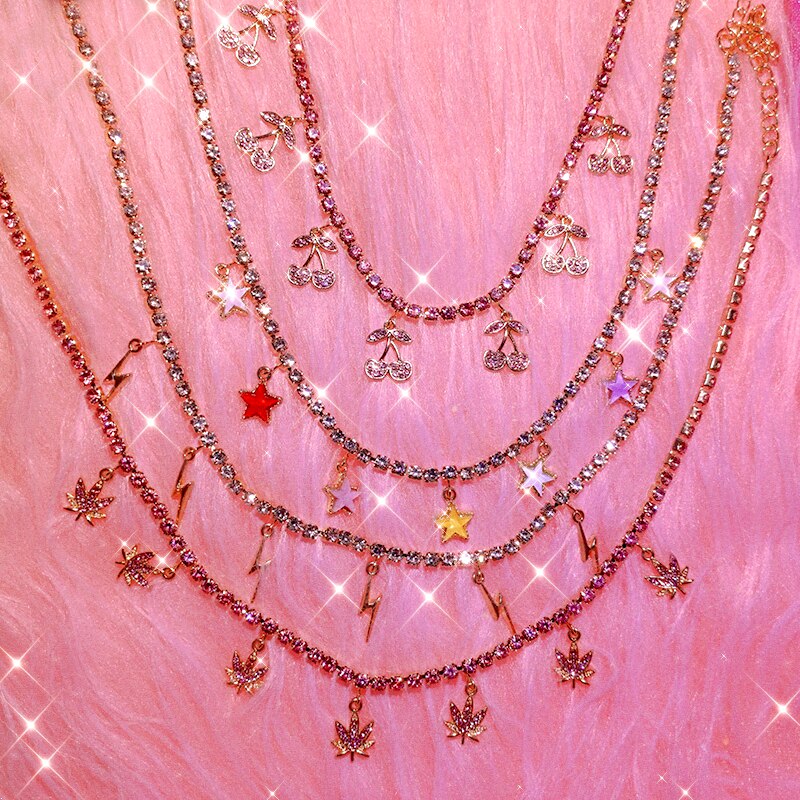 Bling bling verstelbare vrouwelijke tennisketting choker bliksem kersenblad ster hangers dames ketting sieraden