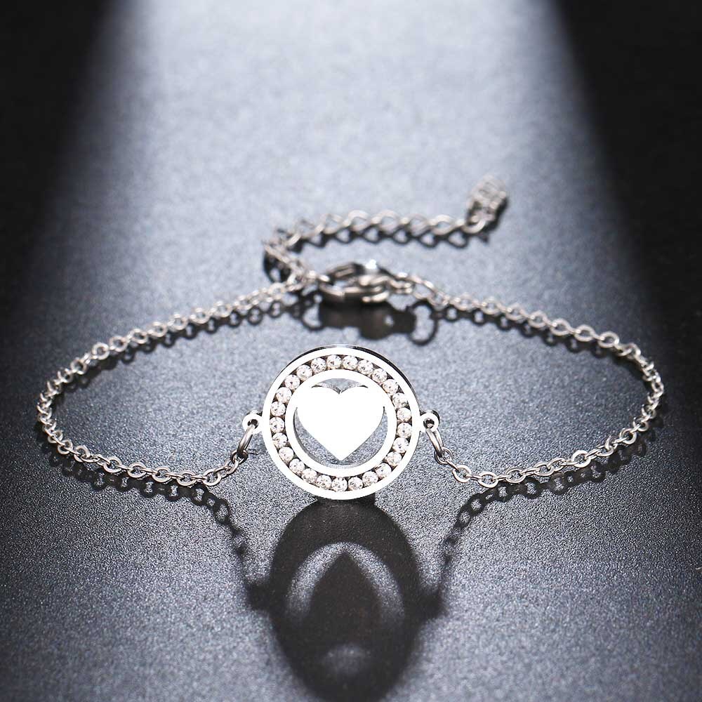 Cacana 316L Roestvrij Staal Voor Vrouwen Kristal Armband Klassieke Effen Hart Ronde Armbanden Goud Kleur Engagement Sieraden: Silver Color