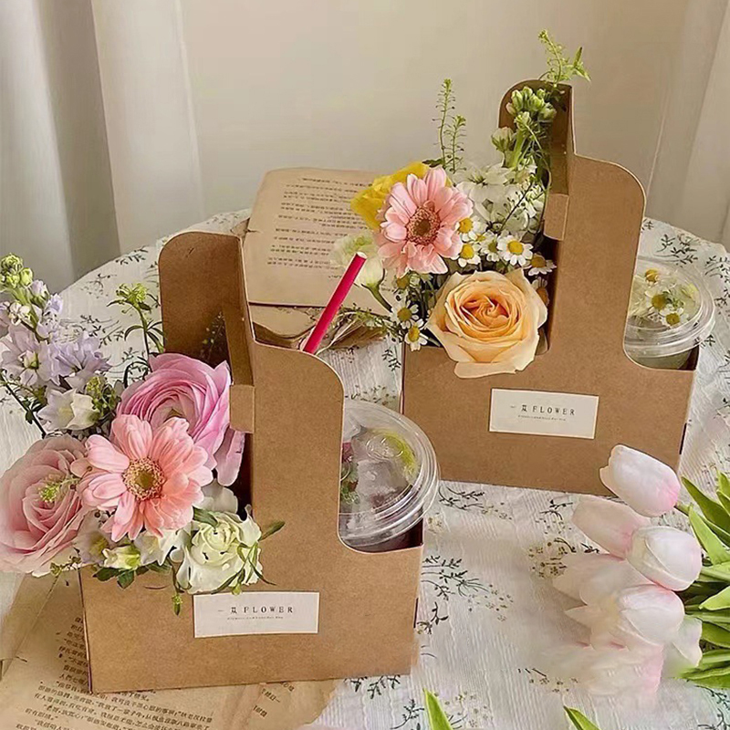 10 st kaffeblommor/kaka/dessertförpackningsask bärbar blompåse kraftpappershållare fotogåva dryckesbärare med handtag