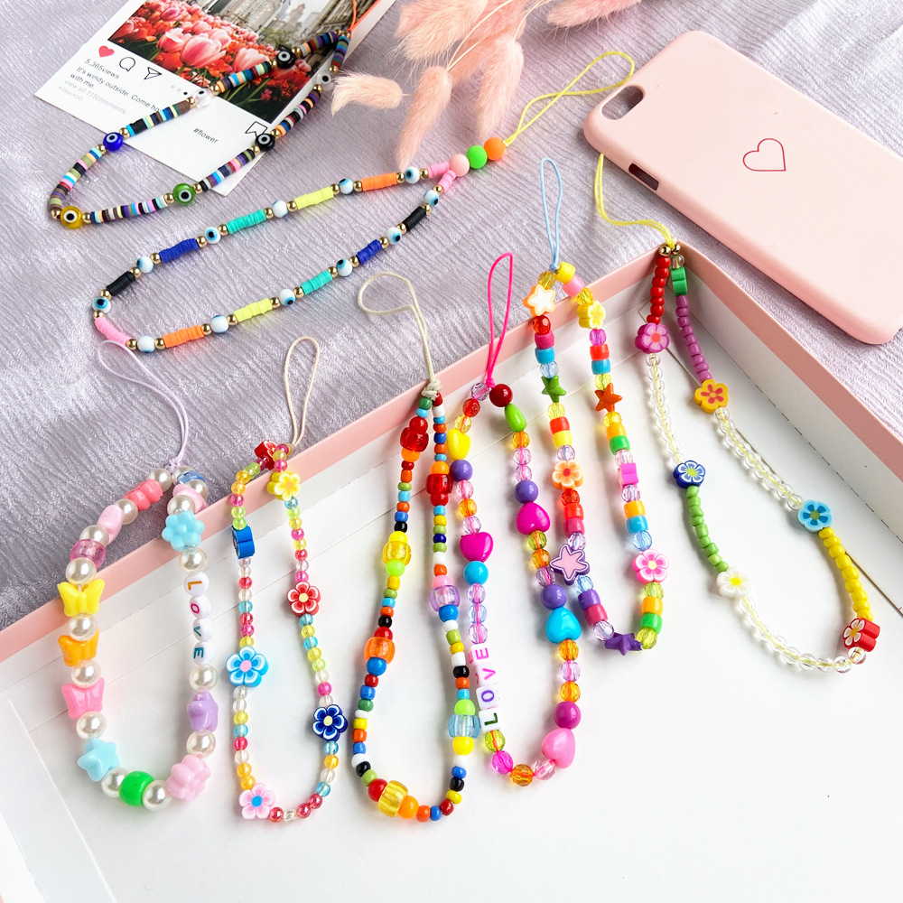 neue Ins Trendy Bunte Lächelndes Perlen Kette Handy Kette Anti-verloren Handgemachte Acryl Kabel Lanyard für Frauen