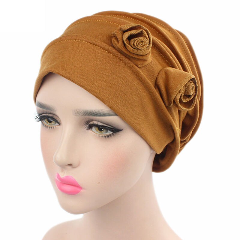 Naiveroo kvinnor blomma muslimsk hatt mössa hatt cancer elastisk kemo bomull huvud wrap enfärgad hatt huvudbonader turban keps: Brun