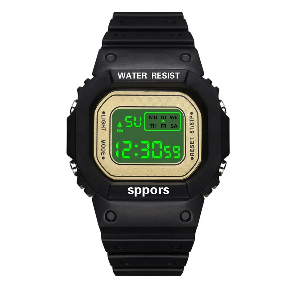 Kinder elektronische uhren farbe leucht zifferblatt leben wasserdicht multi-funktion luminous alarm uhren uhr für jungen und mädchen: style2 -golden black