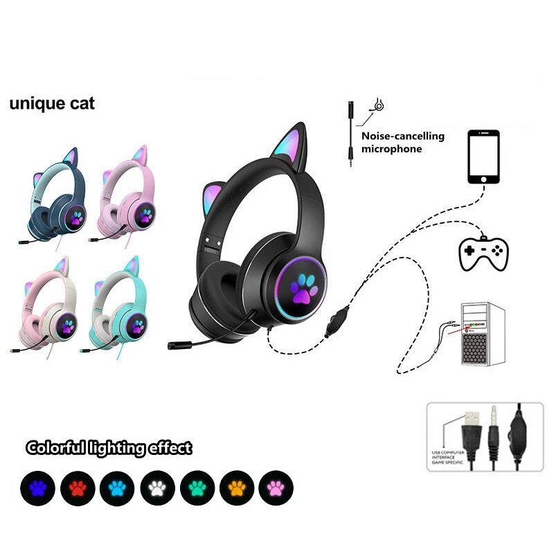 Cute Cat Ear Wired Headphone Noise Reduction Virtual Dual Mic Headphones LED Light Gaming Headset For Laptop Computer Gamer