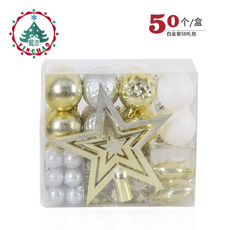 90 Stks/set Kerstballen Met Boom Top Sparkle Sterren Opknoping Bal Kerstballen Sneeuwvlok Kerstboom Decoratie Ballen Ornament: 50 pcs gold