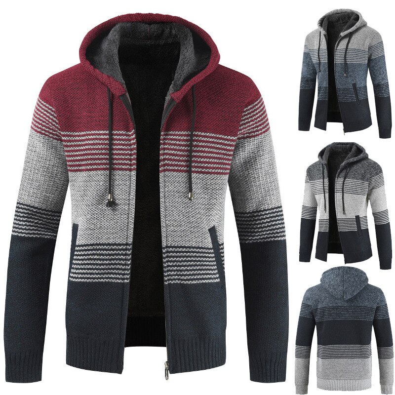 Mountainskin Men's Sweater Coat Spring Autumn Mens Hooded Stripe Coat Thick Zipper Wool Sweater Cardigan Jumpers Male SA868