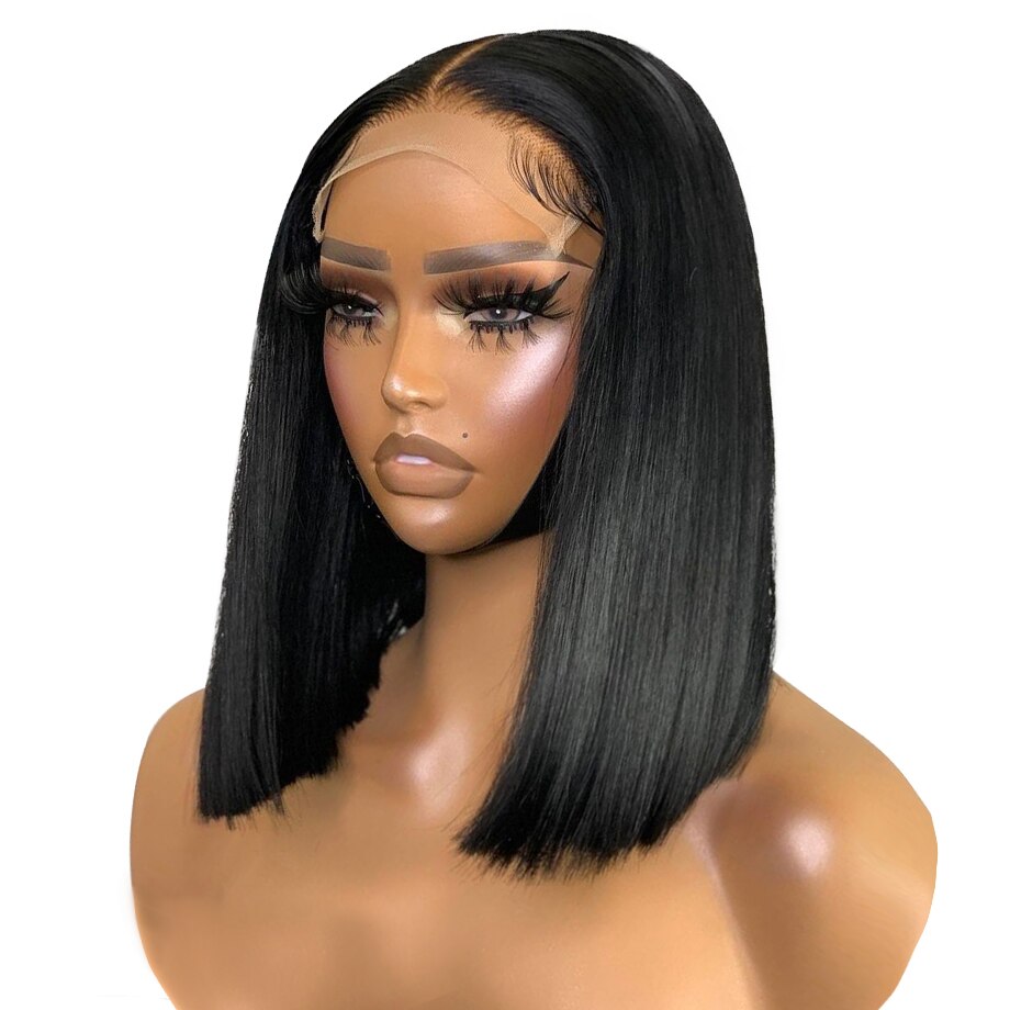 Silky Straight Side Part Natural Jet Black Lace Front Synthetic Wig For ...