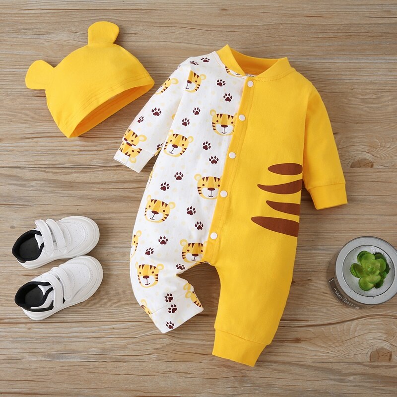 Pasgeboren Baby Jongen Romper 2 Stuks Set Katoen Leuke Cartoon Dier Tijger Patchwork Single Breasted Lange Mouwen Baby Jumpsuit + hoed 0-18M: 68-6M