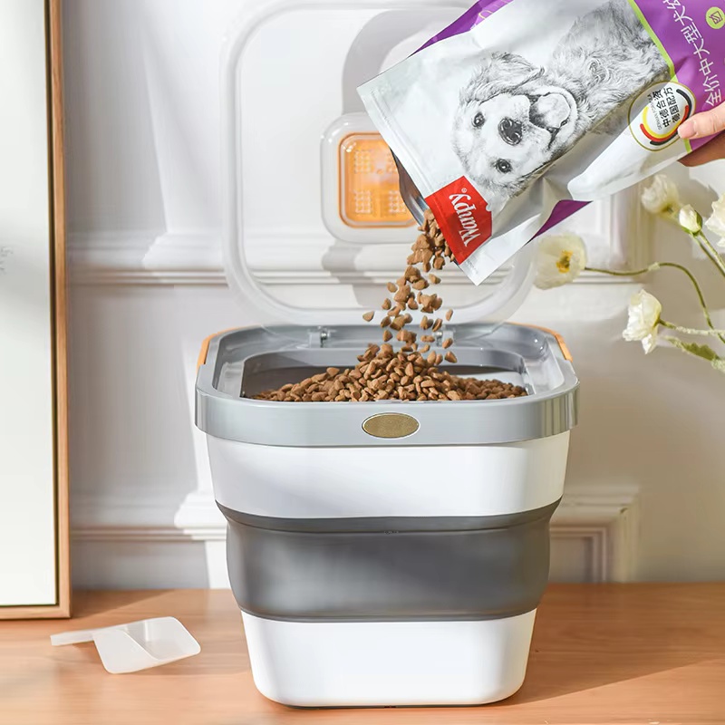 Caja de arroz de gran capacidad de 13L, cubo de almacenamiento de alimentos para mascotas a prueba de humedad, contenedor de almacenamiento de aperitivos de animales sellado plegable para perros y gatos M