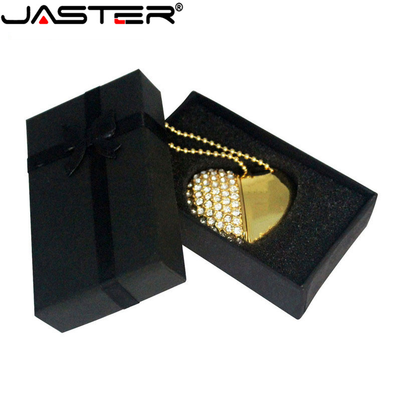 JASTER-unidad Flash USB, cristal, corazón de amor + caja, piedra preciosa 4G/ 8G/ 16G/ 32G /diamante, de boda