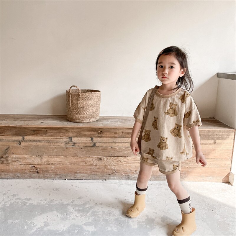 MILANCEL 2022 Summer Kids Clothing Set Bear Print Boys Suit Vintage Tee and Shorts Set di abbigliamento per ragazze 2 pezzi